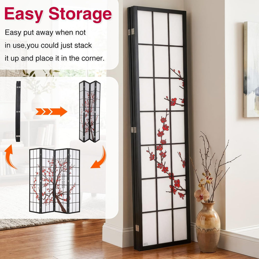 Room Divider,4 Panel Folding Privacy Divider Portable Room Separating Dividers Asian-Style Screen Wall Wood Dividers Tall Freestanding Partition Screen w/Floral Patterned