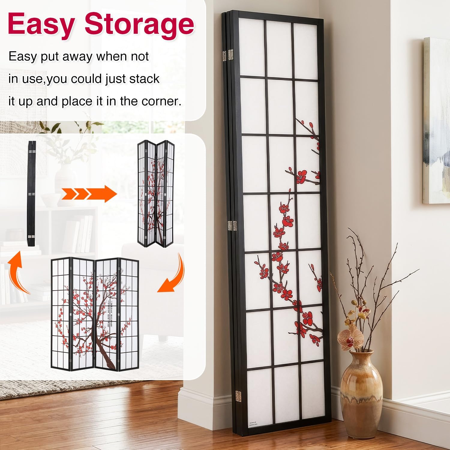 Room Divider,4 Panel Folding Privacy Divider Portable Room Separating Dividers Asian-Style Screen Wall Wood Dividers Tall Freestanding Partition Screen w/Floral Patterned