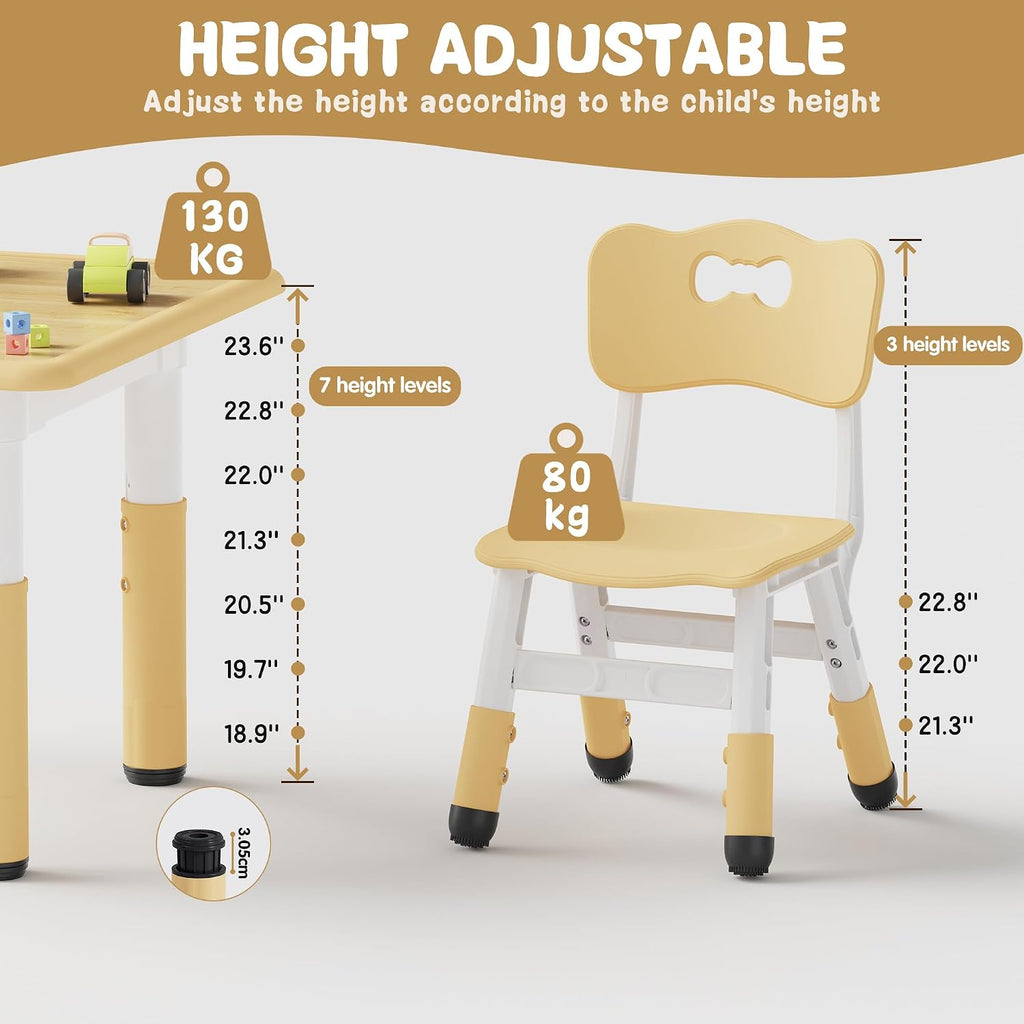 Brelley Height Adjustable Toddler Table and 2 Chairs Set, Beige | Table Supports 280 lbs, Wooden Drawing Activity Desk, Classroom/Daycare/Home, Children Multi-Activity Table for Ages 3-8