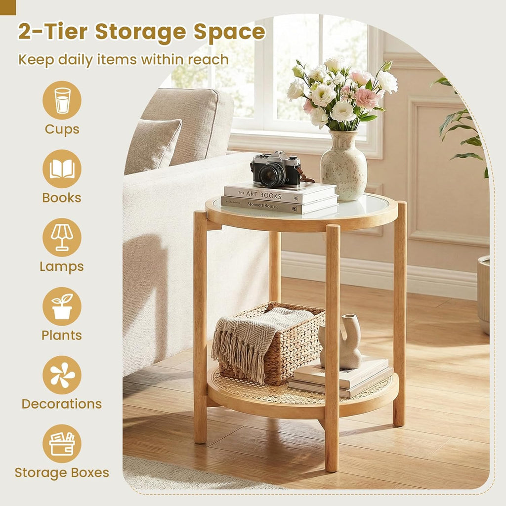Giantex Rattan Round Side Table, 2-Tier Boho End Table w/Tempered Glass Top, Storage Shelf & Acacia Wood Legs, Accent Coffee Tables, Bedside Night Stand for Bedroom Living Room Small Space (Natural,1)