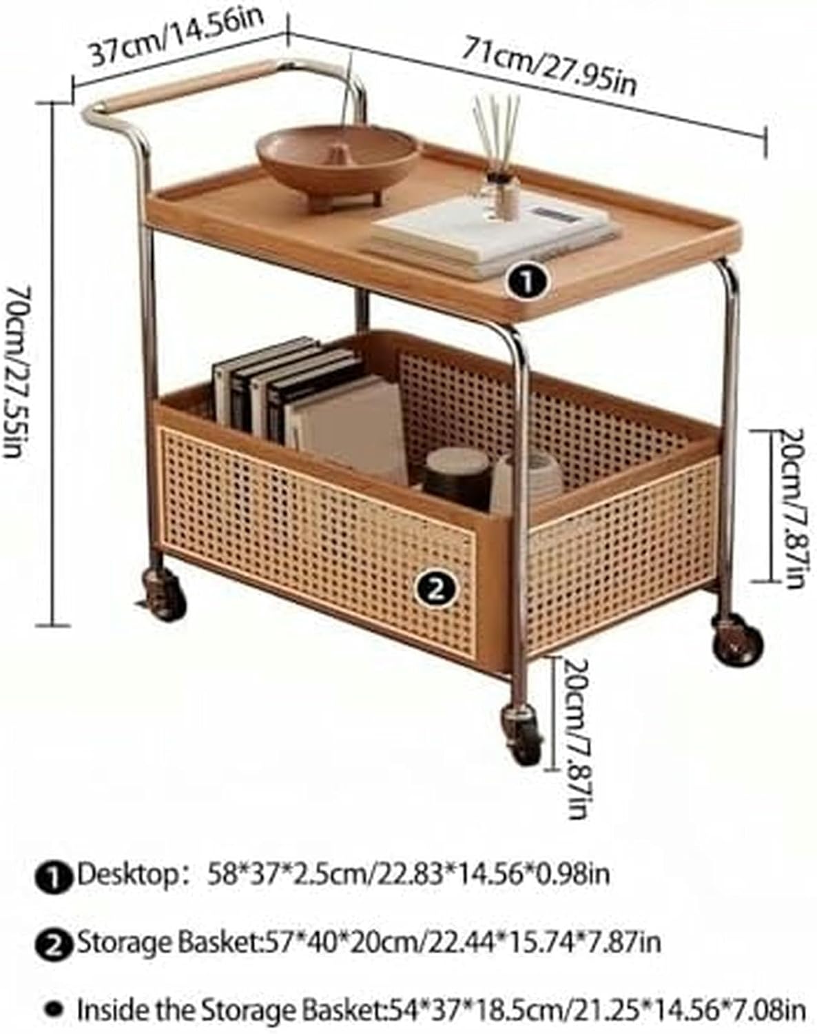 Rolling Rattan Side Table with Wheels - 2-Layer Storage Coffee Table & End Table for Living Room - Stylish Wood & Rattan Design, Space-Saving Solution