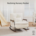 zyz Oversized Nursery Rocking Chair with Pillow, Teddy Upholstered Rocker Chair with Solid Wood & Steel Frame, 25° Gentle Rocking Accent Chair with DIY Ottoman Footrest for Living Room Bedroom, White