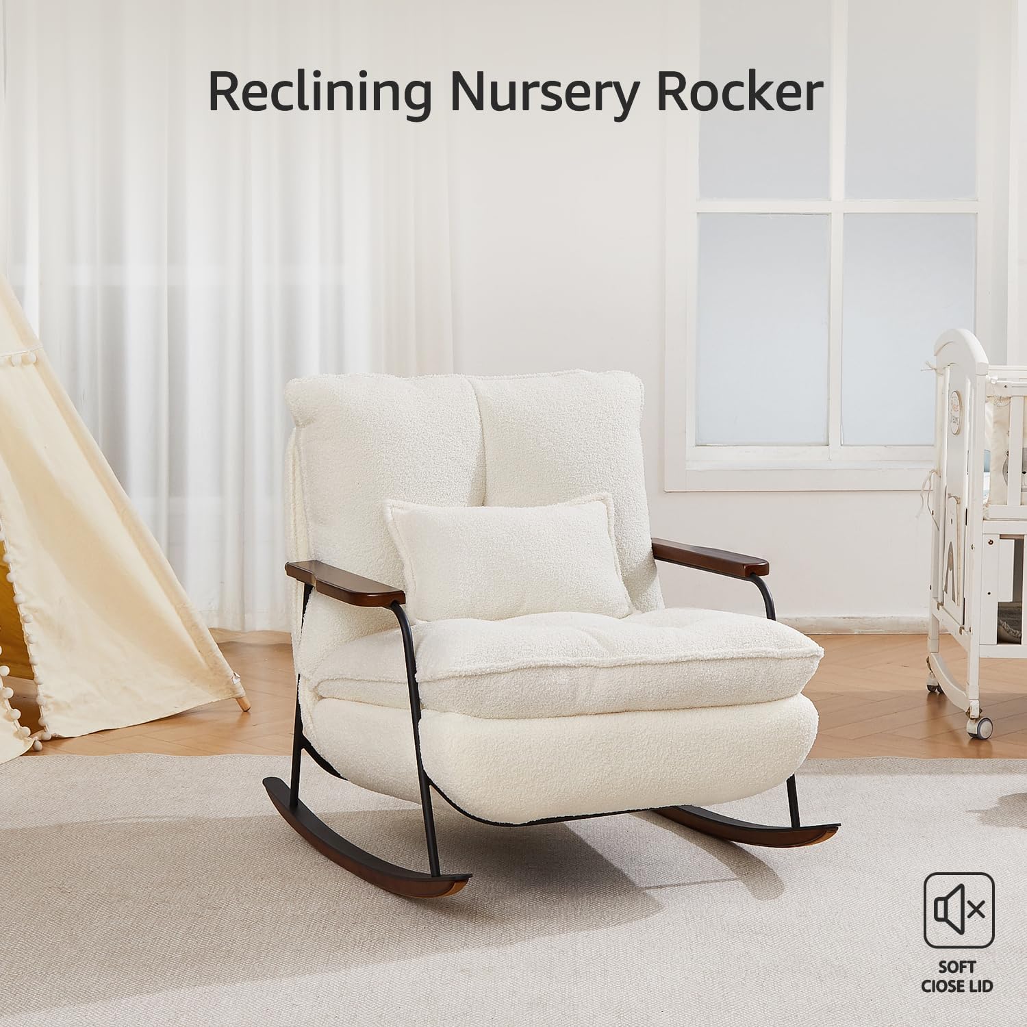 zyz Oversized Nursery Rocking Chair with Pillow, Teddy Upholstered Rocker Chair with Solid Wood & Steel Frame, 25° Gentle Rocking Accent Chair with DIY Ottoman Footrest for Living Room Bedroom, White