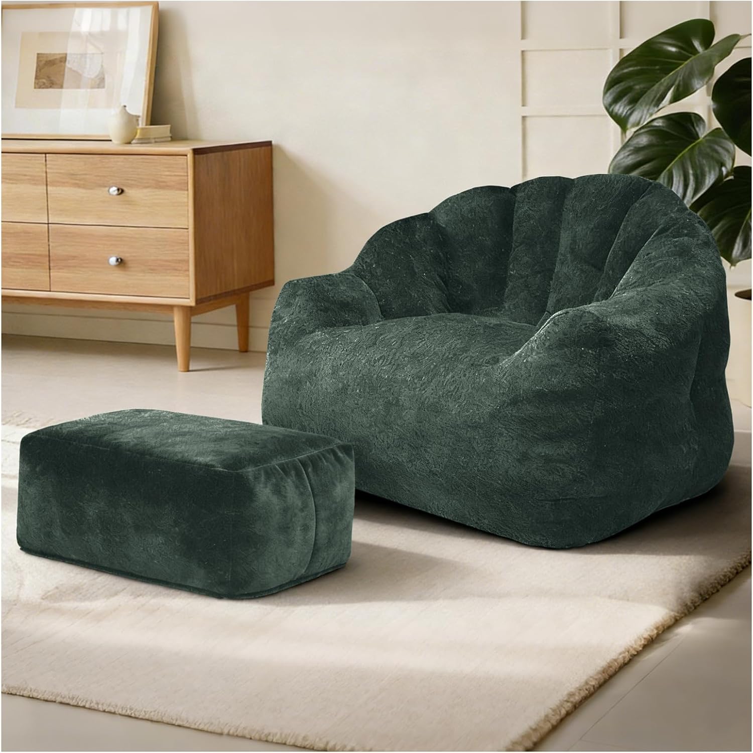 FanYi Cloud Chair Bean Bag Chair with Ottoman for Adults, Oversized Flannelette Shell Chair, High Density Memory Foam Chairs for Adults, Washable Cover Comfy Sofa for Living Room Bedroom,Green