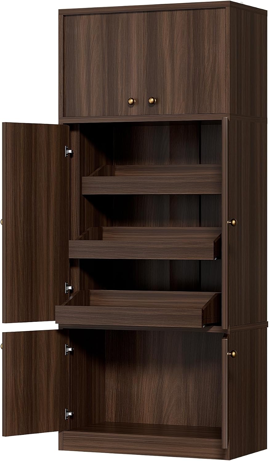 71" Tall Kitchen Pantry Cabinet - Walnut Wood Storage Cabinet with 6 Doors and Adjustable Shelves, Freestanding Kitchen Storage Cabinets with Open Drawers for Kitchen Dining Room Living Room