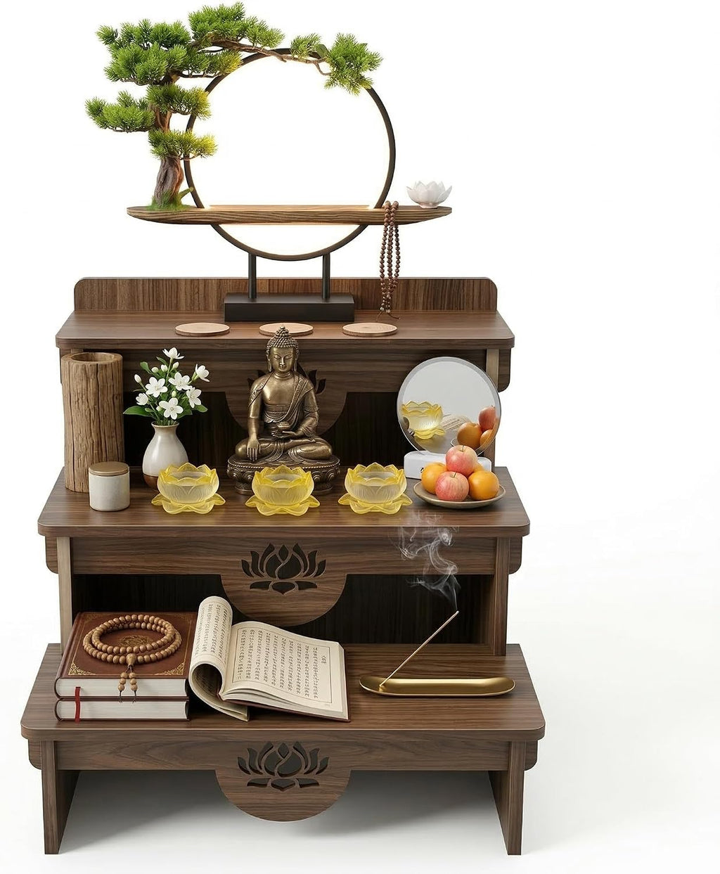 3-Tier Buddhist Altar Table for Prayer & Meditation, Zen Style Wooden Shrine Cabinet with Storage Drawer, MDF Melamine Home Worship Table 23.2 x 24.4 x 26.8 in (59 x 62 x 68 cm) (Walnut)