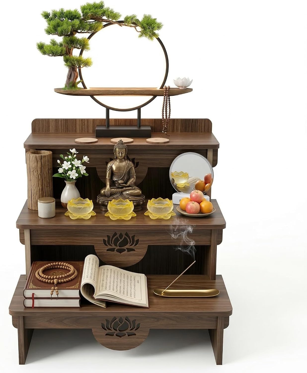 3-Tier Buddhist Altar Table for Prayer & Meditation, Zen Style Wooden Shrine Cabinet with Storage Drawer, MDF Melamine Home Worship Table 23.2 x 24.4 x 26.8 in (59 x 62 x 68 cm) (Walnut)