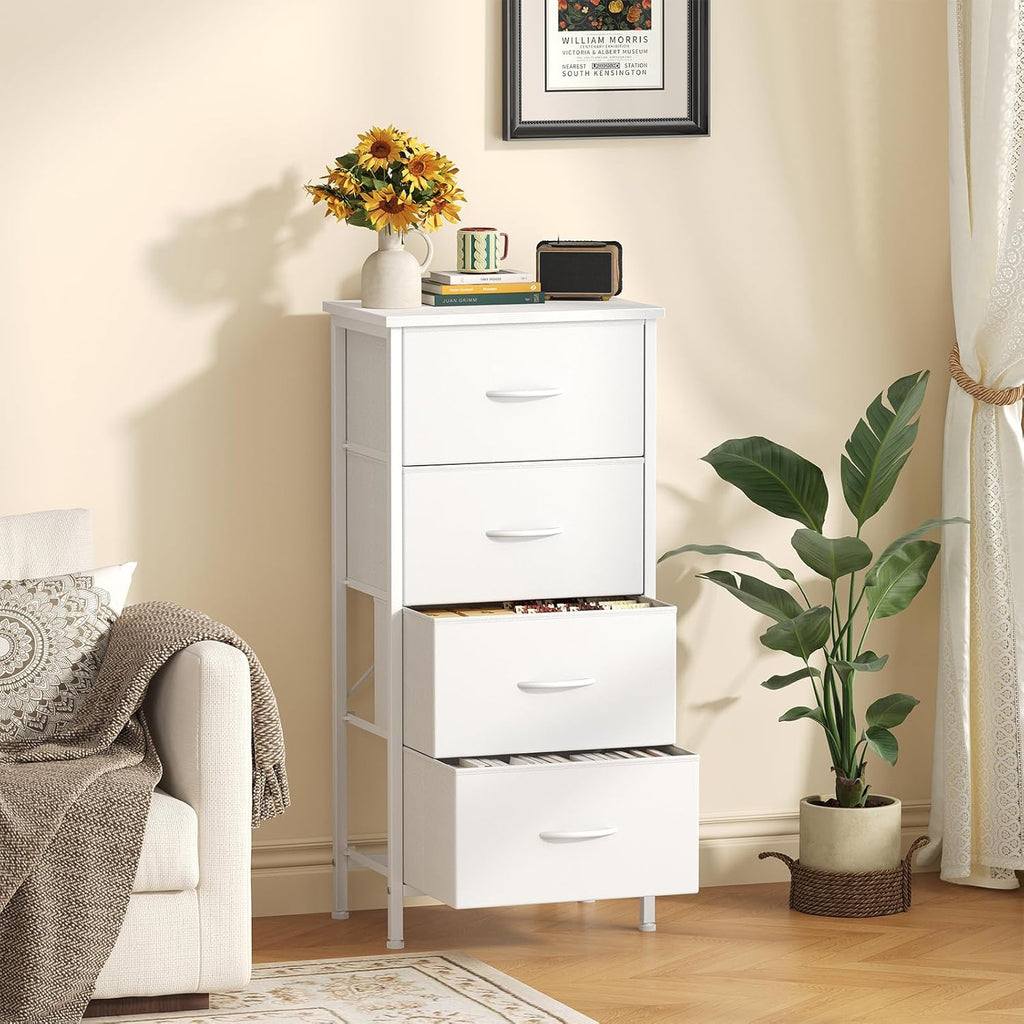 Sweetcrispy Dresser for Bedroom, 4 Drawer Storage Cabinet, Tall Nightstand | Small Fabric White Dresser for Closet, Chest of Drawers, Closet Organizer, Home Furniture, Sturdy Frame