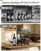 9 Bottles Wine Racks Countertop Freestanding with Top Tray, Modern Black Metal &Wood, 3 Tier Tabletop Wine Holder Stand for Home Kitchen Bar, Cabinet, Pantry, Wine Bottle Storage
