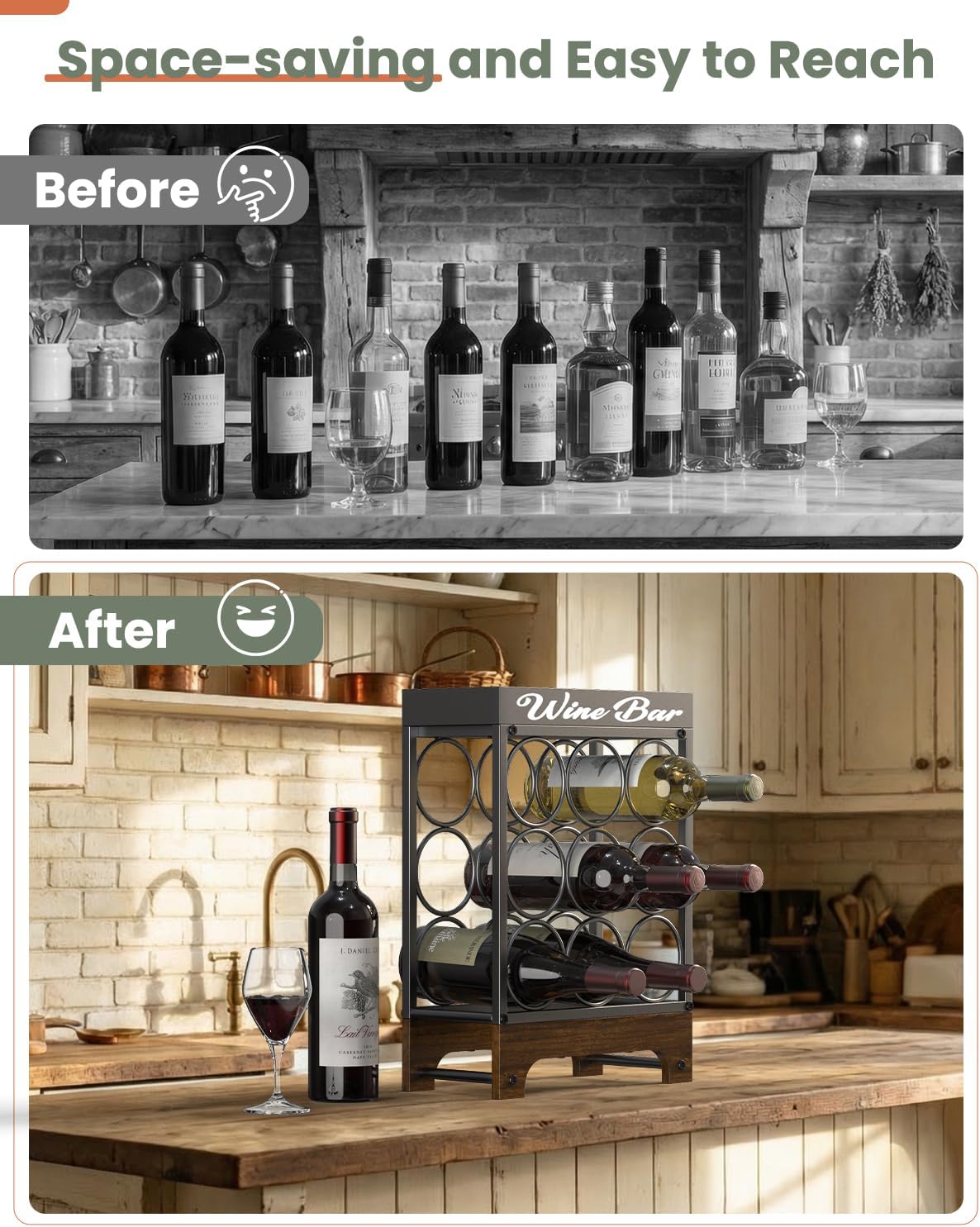 9 Bottles Wine Racks Countertop Freestanding with Top Tray, Modern Black Metal &Wood, 3 Tier Tabletop Wine Holder Stand for Home Kitchen Bar, Cabinet, Pantry, Wine Bottle Storage