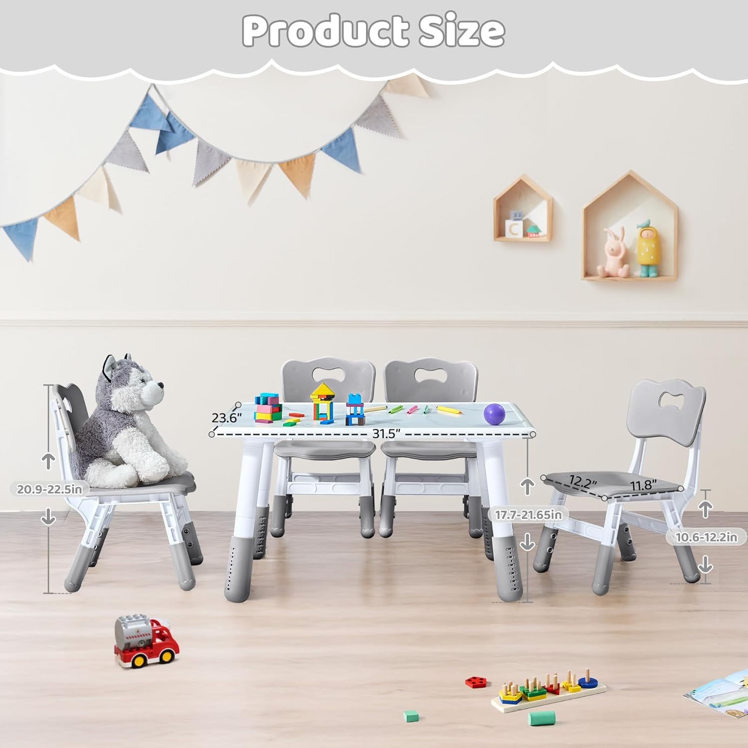 DOREROOM Toddler Table and 4 Chairs Set, Height Adjustable Kids Table and Chair Set, 31.5''L x 23.6''W, Marble Pattern & Graffiti Desktop, Children Multi-Activity Table for Home/Daycare/Classroom