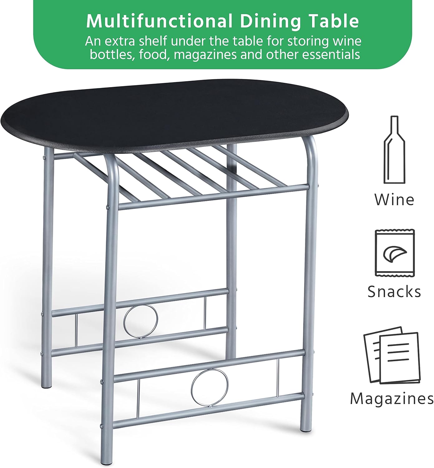 Yaheetech 3-Piece Dining Room Table Set, Kitchen Table & Chair Sets for 2, Compact Table Set w/Steel Legs, Built-in Wine Rack for Breakfast Nook, Small Space, Apartment, Black, 31.5x21x29" (LxWxH)