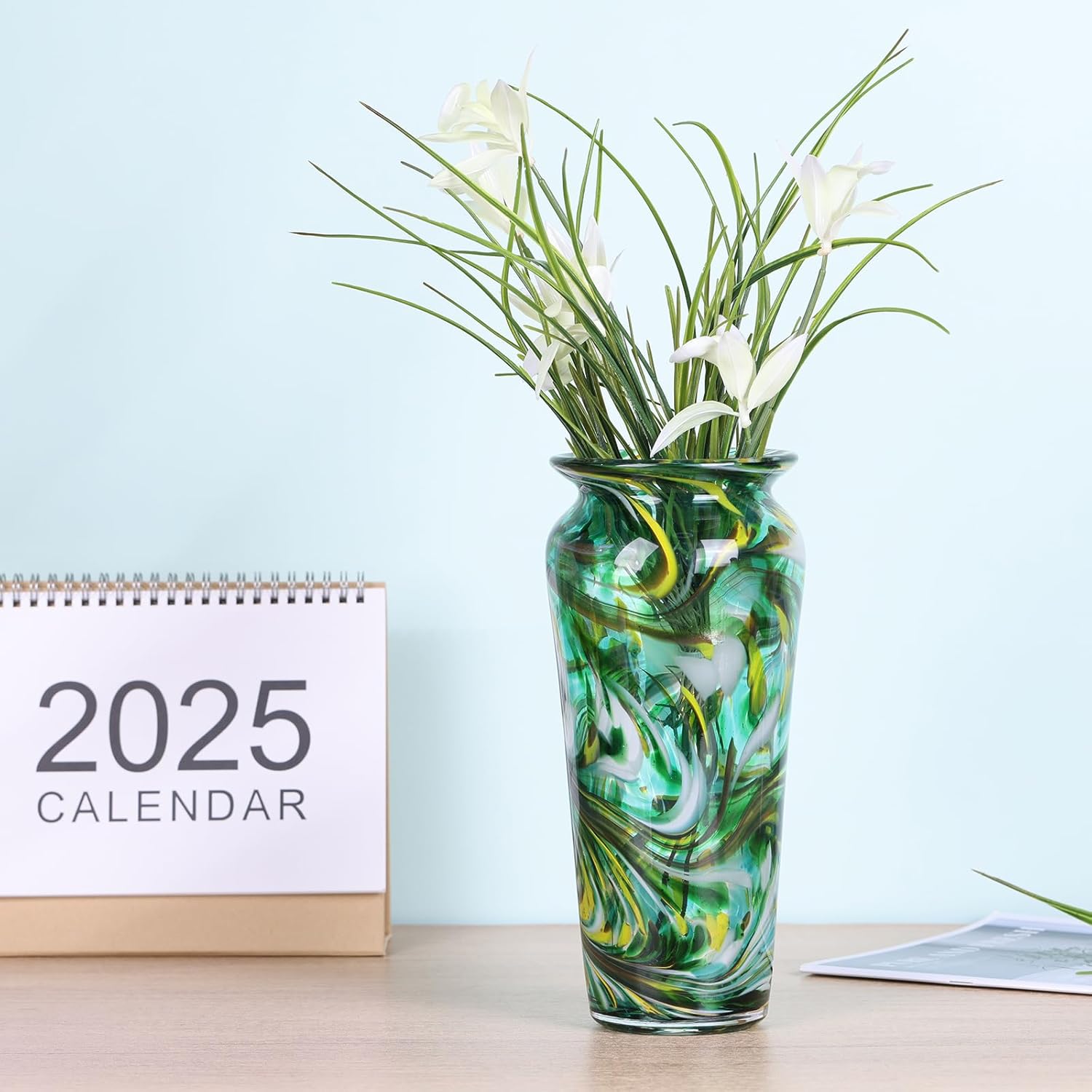 Green Hand Blown Glass Vase – Tall Speckled Decorative Centerpiece in Murano Style for Dining Table, Coffee Table, Mantel, Entryway, or Bookshelf in Coastal or Modern Decor (Green)