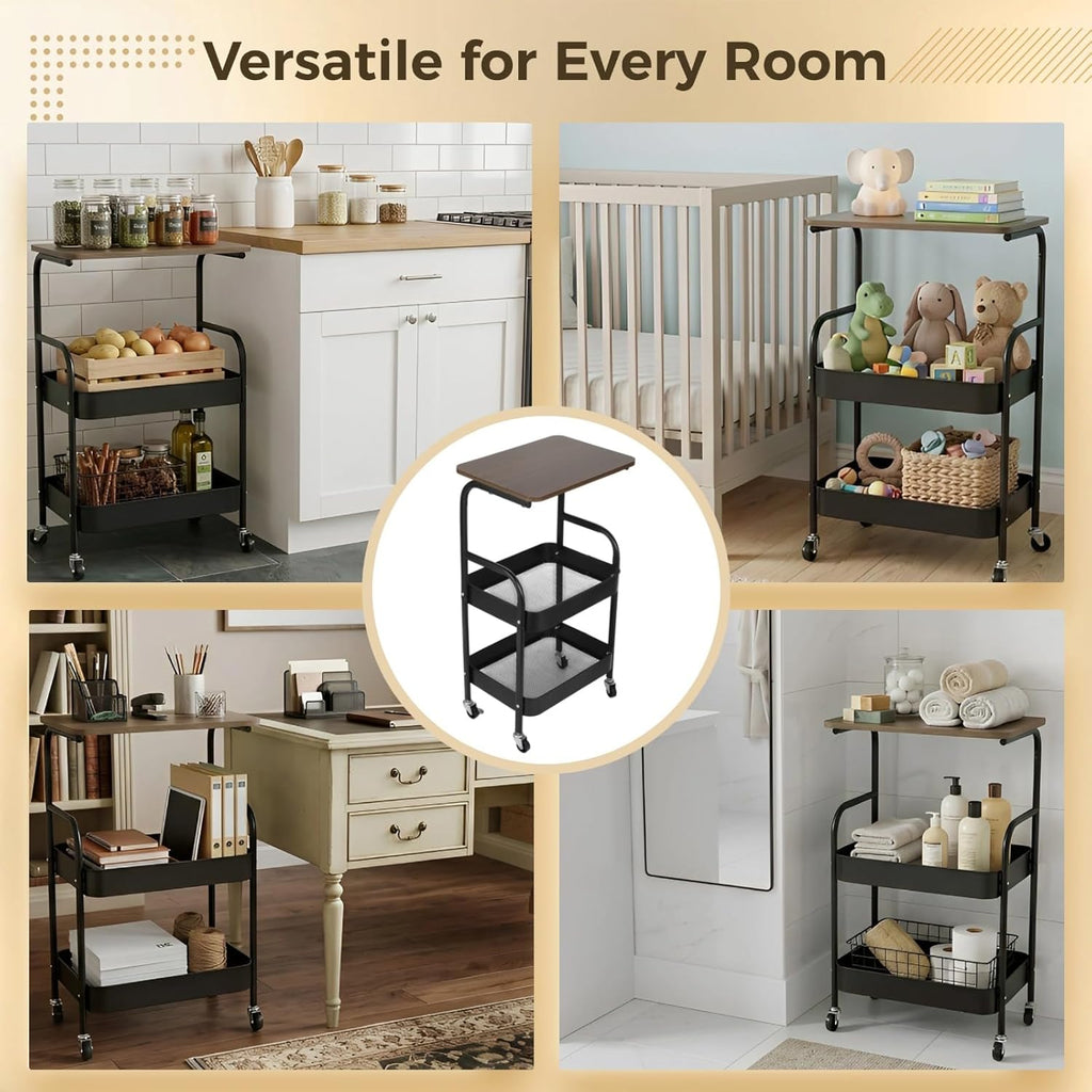 ZALIR 3 Tier Metal Rolling Utility Cart, Movable Storage Trolley with Wooden Table Top, Lockable Wheels, Multifunctional Organizer for Kitchen, Bathroom, Living Room & Bedroom (Black)