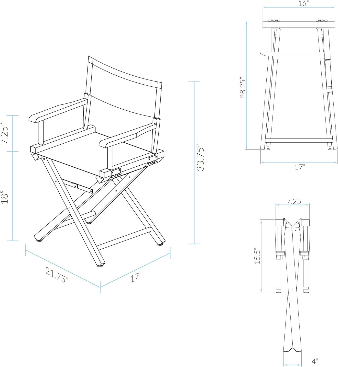 Casual Home Director's Chair,Black Frame/Black Canvas,18" - Classic Height