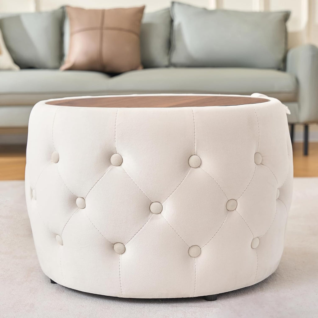 Furniliving Storage Ottoman Set of 2, Luxurious Velvet Round Ottoman with Wood Tray, Aesthetic Coffee Table with Foot Stool for Living Room, Beige