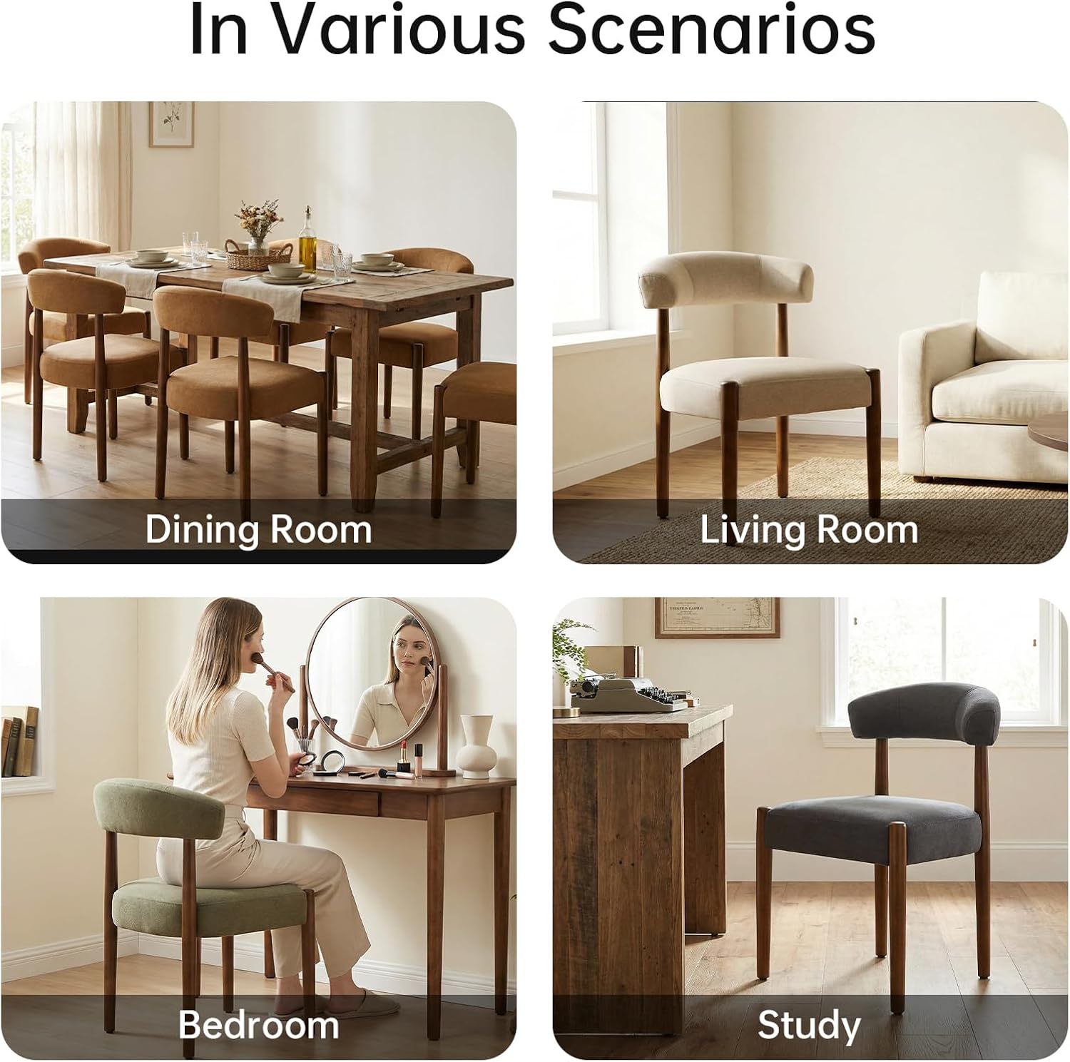 VKNOW Wooden Dining Chairs Set of 4, Modern Upholstered Dining Room Chairs with Walnut Wood Legs and Curved Backrest, Fabric Kitchen Chairs for Farmhouse/Living Room/Dining Room, Beige