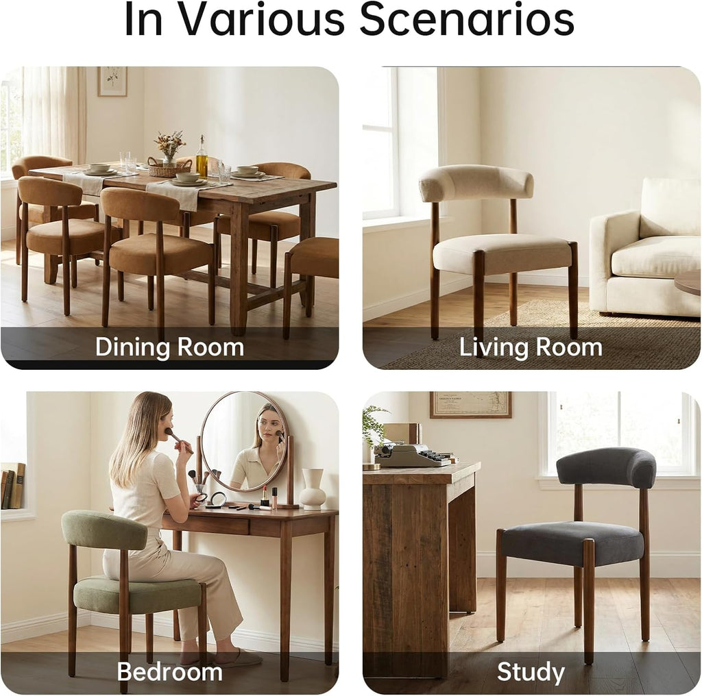 VKNOW Wooden Dining Chairs Set of 4, Modern Upholstered Dining Room Chairs with Walnut Wood Legs and Curved Backrest, Fabric Kitchen Chairs for Farmhouse/Living Room/Dining Room, Beige