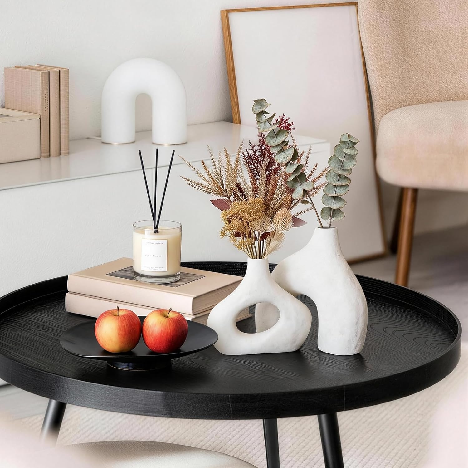 DOWAN Ceramic Vase Set of 2, 7.6" Decorative Pampas Vase for Home Decor, Modern Farmhouse Pottery Vase for Living Room Coffee Table Kitchen Bedroom Desk Entryway Mantel Book Shelf, Soft White