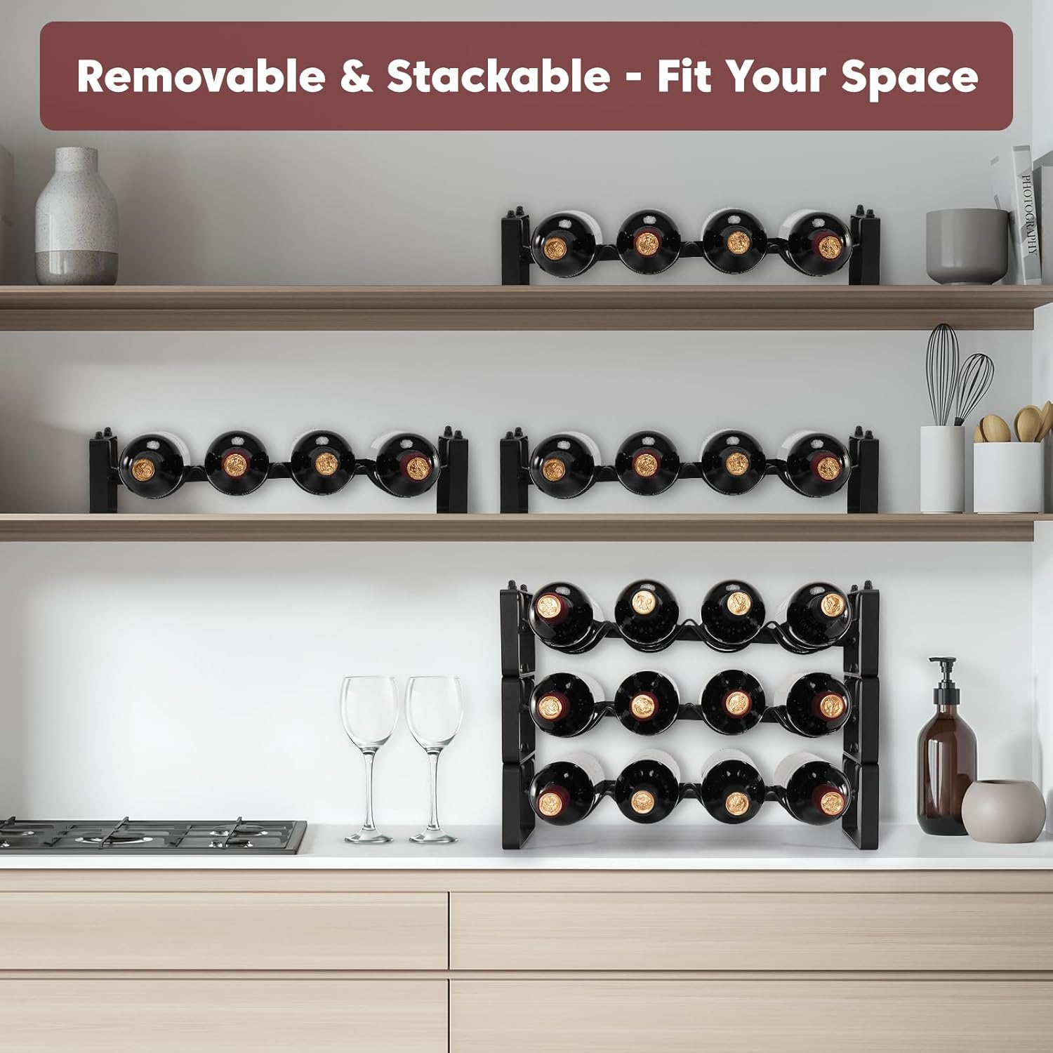 Stackable Wine Rack Countertop, 4 Bottles Wine Bottle Holder for Inside Cabinet, Small Tabletop Wine Holder Stand for Pantry Bar, 1-Tier Angle Adjustable Wine Bottle Rack for Tight Spaces