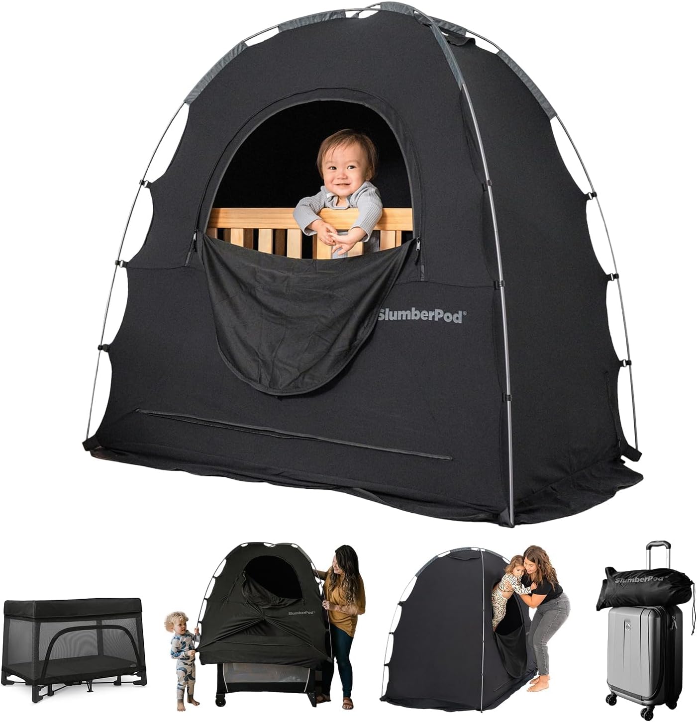 SlumberPod The Original Blackout Sleep Tent Travel Essential for Babies and Toddlers, Mini Crib and Pack N Play Cover, Sleep Pod for Kids with Monitor Pouch and Fan Pouch, Blocks 99% Light, Black