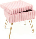 Vanity Stool Chair with Storage, Faux Fur Soft Padded Ottoman with Coffee Table, Modern Vanity Chair Fluffy Footstool with Metal Legs for Makeup, Living Room,Bedroom Pink
