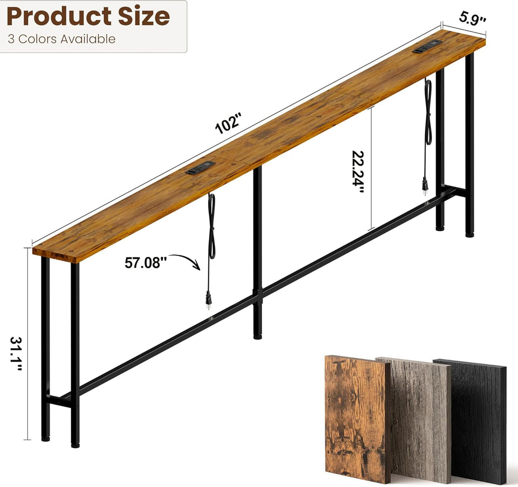 GRLEAF 102 Inch Narrow Sofa Table with Power Outlets, Extra Long Console Table Behind Couch Table with Charging Station, Skinny Entryway Table Thin Table for Living Room, Narrow Spaces (Rustic Brown)
