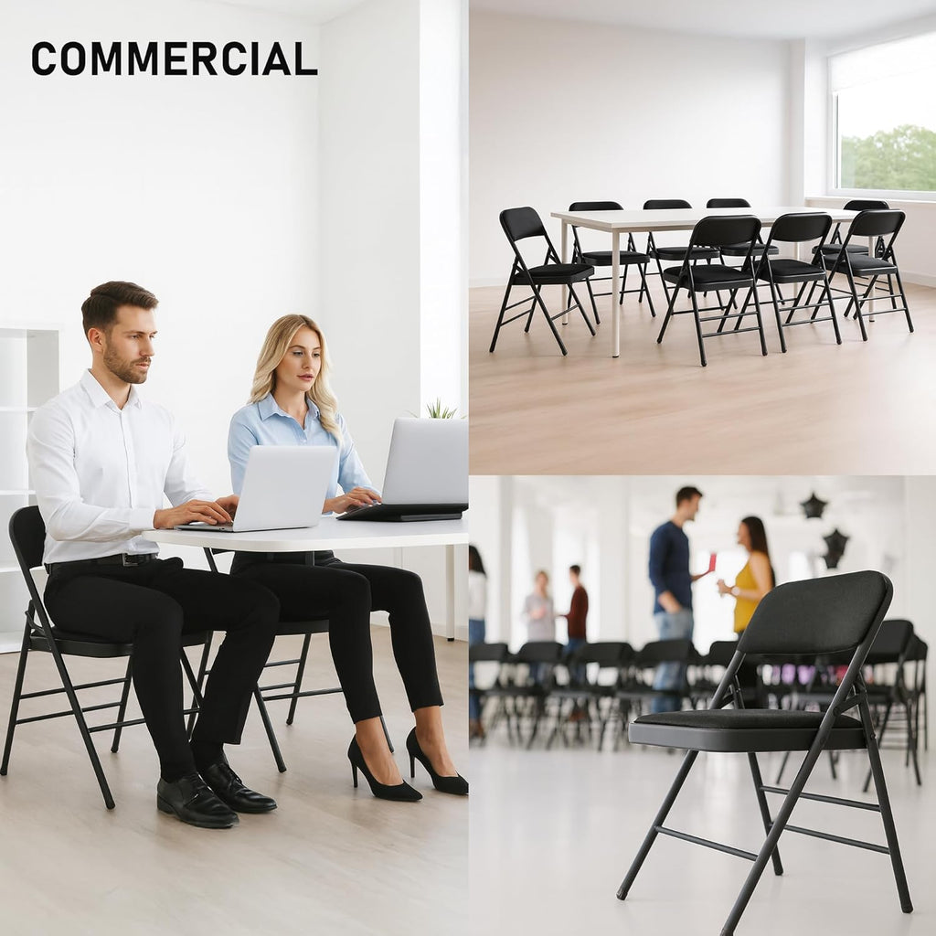SEALAMB 4 Pack Folding Chairs with Comfort Seat, Heavy Duty Metal Frame Portable Stackable Chairs for Wedding Party Office School Church Events, Indoor Outdoor Use, 350 lb Capacity, Black