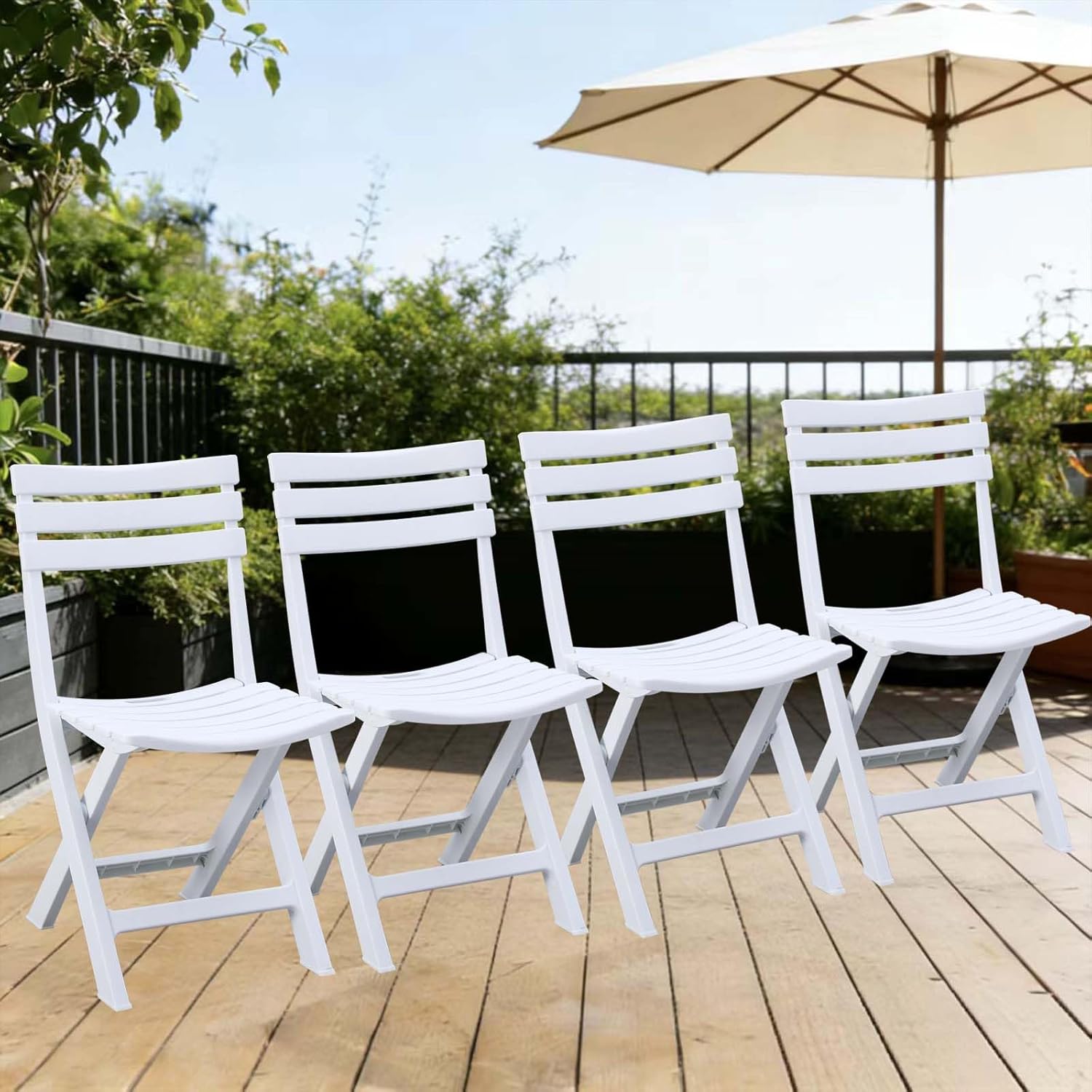 4 Pack Foldable Plastic Chairs, 300 LB Weight Capacity, Lightweight Waterproof Foldable Chairs for Patio, Garden, Beach, Balcony & Porch Indoor Outdoor Use(White×4)