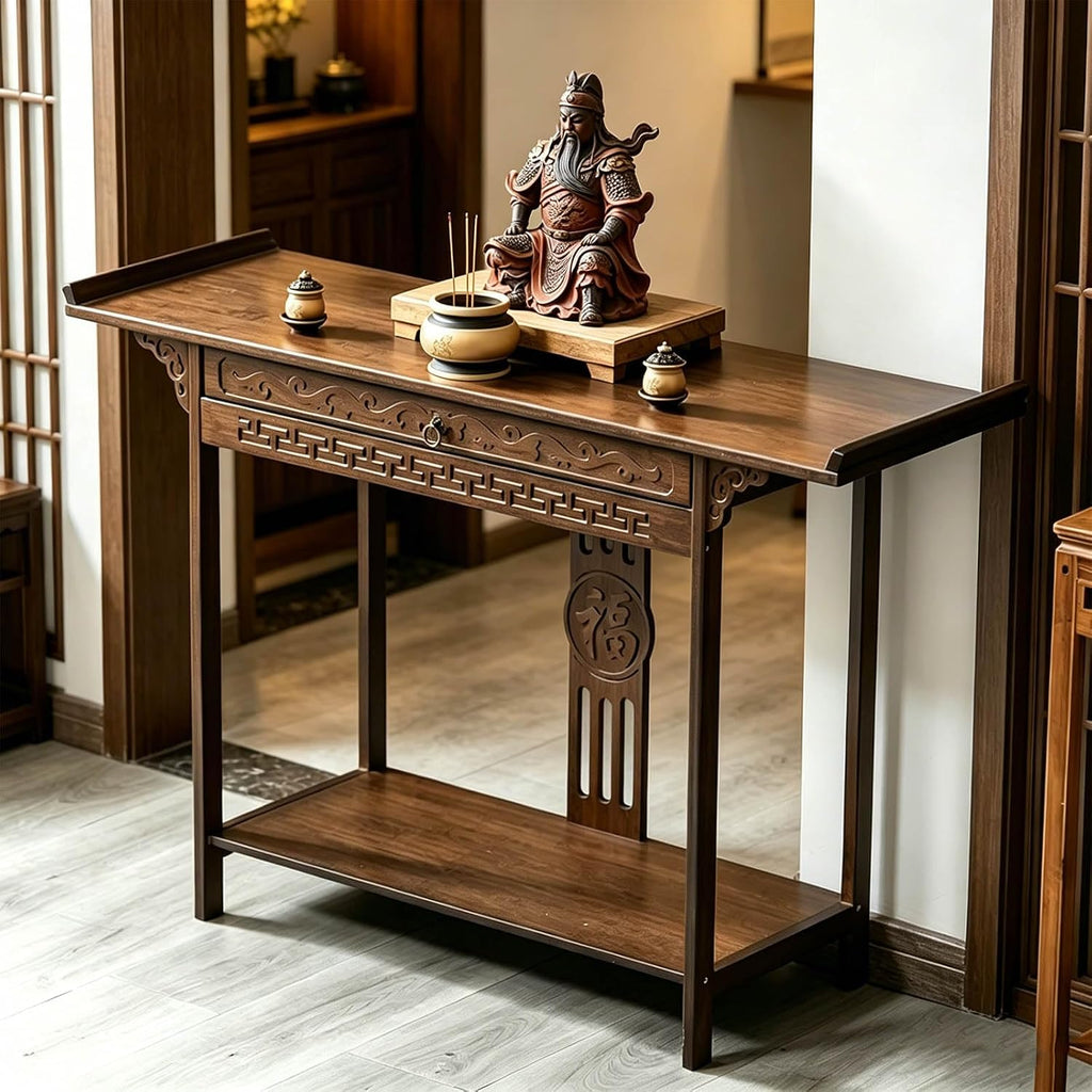 Altar Table Personal Meditation Shrine,with Storage Pooja Cabinet Altar Supplies,Retro Chinese Style Pooja Mandir,for Pooja and Incense Tribute Walnut 31.5 x 15.7 x 31.5in