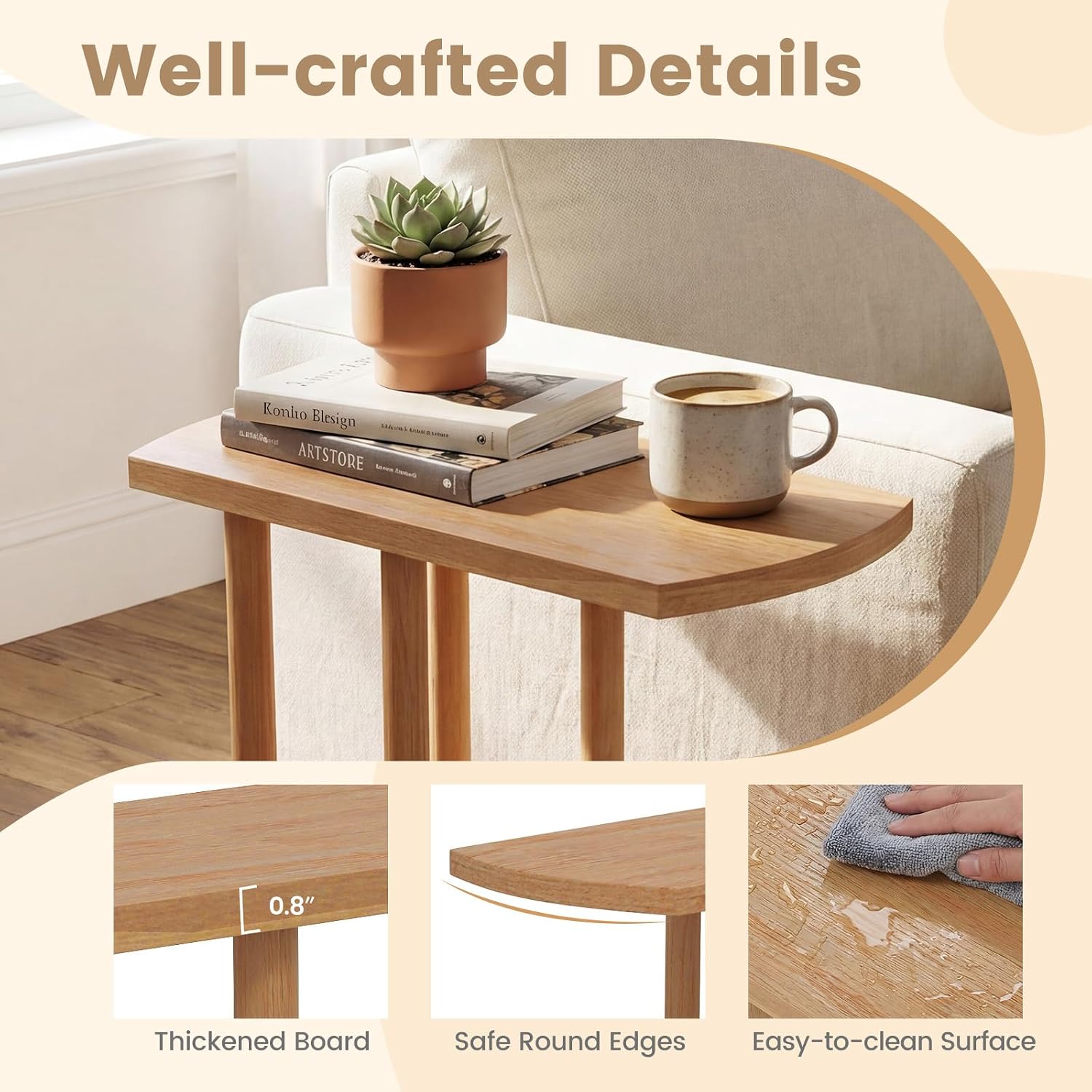 Giantex C-Shaped Teak Wood Side Table, Set of 2 Narrow 2-Tier Couch Tables that Slide Under w/Thickened Top & Sturdy Base, Wooden Sofa End TV Tray Bedside Table for Small Spaces Living Room Bedroom