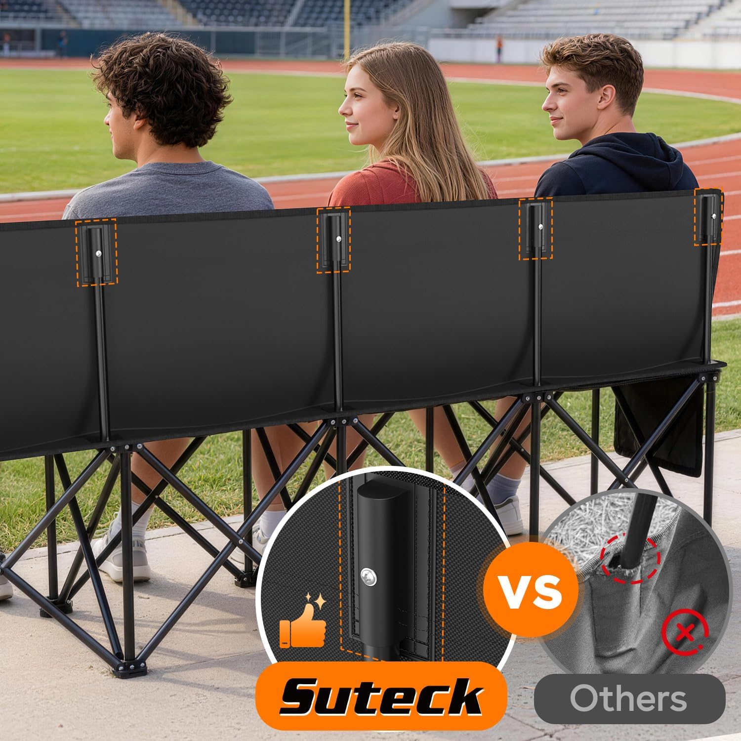 Suteck 8 Seats Soccer Bench, Portable Team Bench with 17.3"x 17.3" Individual Seats, 600D Oxford Fabric & Side Pockets, Heavy Duty Outdoor Folding Bench for Sports, Camping, Patio & Park Events