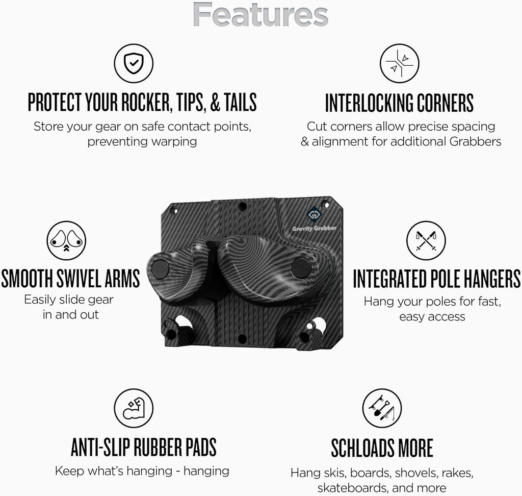 Gravity Grabber, The OG - Ski & Snowboard Wall Mount, Indoor Garage & Home Storage Organizer, Damage-Free Grip, Holds Skis/Boards/Poles/More, Space-Saving Premium Gear Rack, (Carbon 3-Pack)