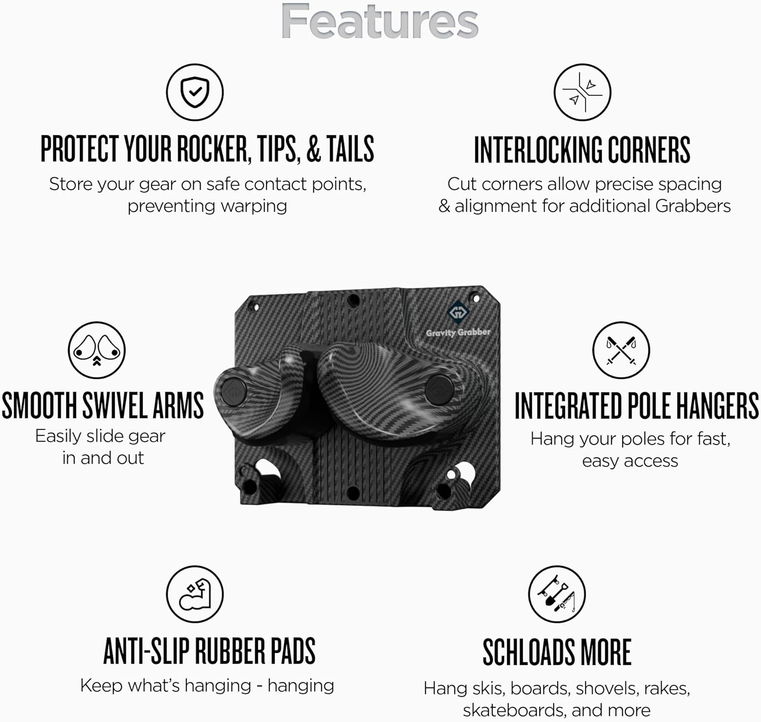 Gravity Grabber, The OG - Ski & Snowboard Wall Mount, Indoor Garage & Home Storage Organizer, Damage-Free Grip, Holds Skis/Boards/Poles/More, Space-Saving Premium Gear Rack, (Carbon 3-Pack)