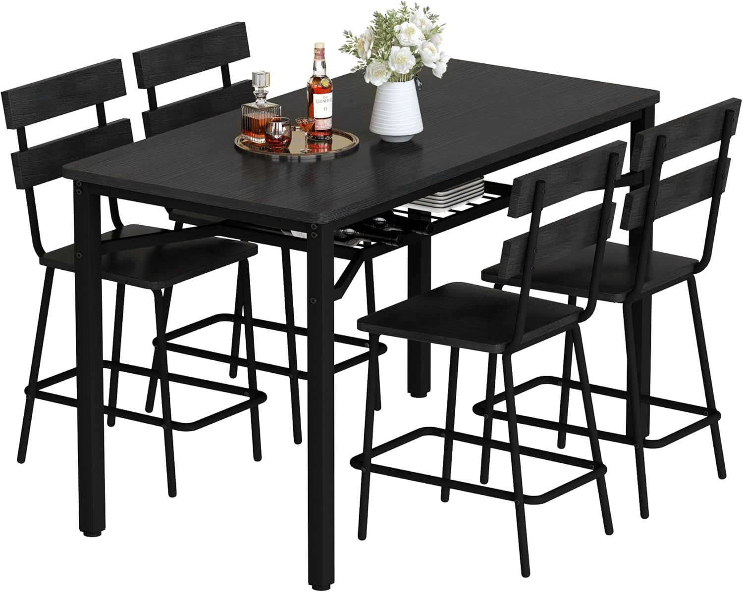 Hooseng 5-Piece Dining Table Set for 4, Counter Height Kitchen Table & 4 Bar Stools, Hightop Bar Table and Chairs Set with Storage, Farmhouse Small Dinette Set for Pub, Dining Room, Small Space