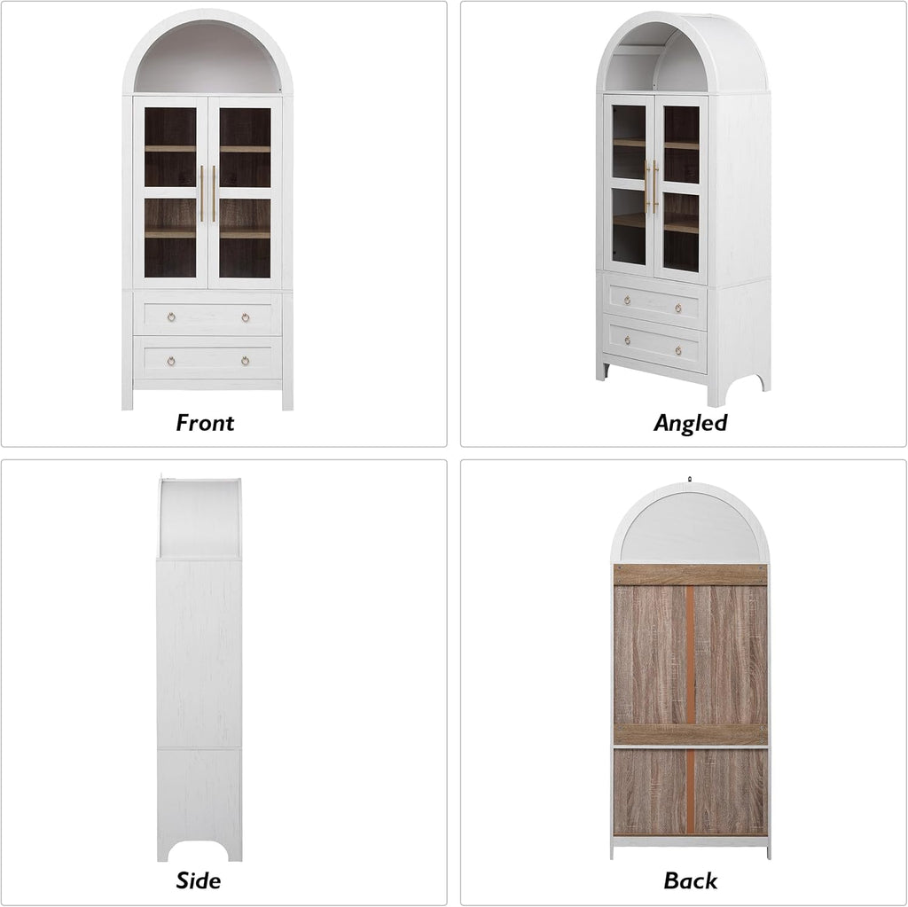 71" White Arched Farmhouse Kitchen Pantry Cabinet with Glass Doors & 2 Soft-Close Drawers, Versatile Storage Hutch Cabinet with Adjustable Shelves for Pantry Organization, Kitchen or Dining Room
