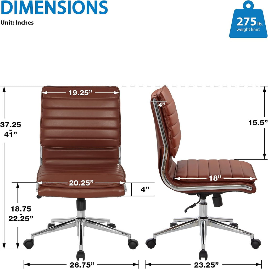 Office Star SPX Professional Ergonomic Ribbed Faux Leather Office Chair with Chrome Base, Mid Back Manager's Chair Without Arms, Saddle Brown
