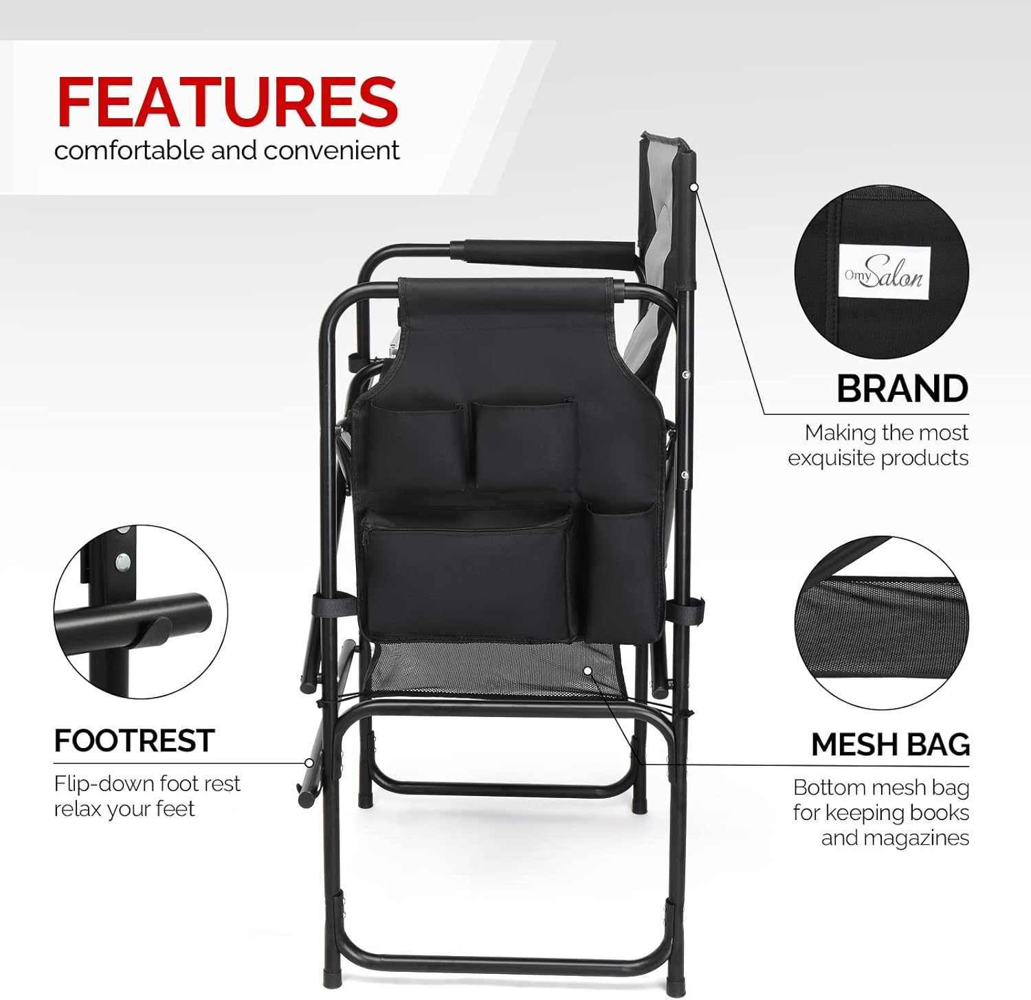 mefeir Extra Tall-30.7'' Professional Makeup Artist Director Chair Bar Height, Portable Folding Design with Side Table & Storage Bag, Heavy-Duty Steel Frame (300 lbs Capacity), 45.7'' Tall