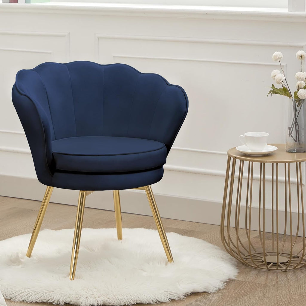Czlolo Accent Chairs Set of 2, Velvet Vanity Chair with Back, Mid-Century Modern Small Accent Chair for Living Room, Golden Metal Legs Upholstered Makeup Chair, Bedroom Armchair, Dark Blue