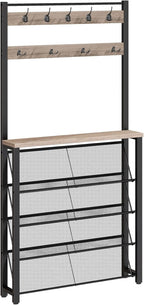 HOOBRO Hall Tree with Bench, Narrow Shoe Rack with Coat Rack, Coat Rack with Shoe Storage, 5 Tier Slanted Shoe Storage Organizer, Coat and Shoe Rack Entryway, Slim Hall Tree, Greige BG20MT01