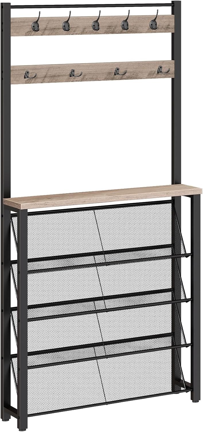HOOBRO Hall Tree with Bench, Narrow Shoe Rack with Coat Rack, Coat Rack with Shoe Storage, 5 Tier Slanted Shoe Storage Organizer, Coat and Shoe Rack Entryway, Slim Hall Tree, Greige BG20MT01