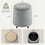 Storage Ottoman with Wheels, 15"W Swivel Rolling Foot Stool Boucle Terry Fabric Coffee Table Ottoman with Hidden Storage, Round Vanity Stools for Makeup Room Living Room Bedroom Entryway Dorm, Grey