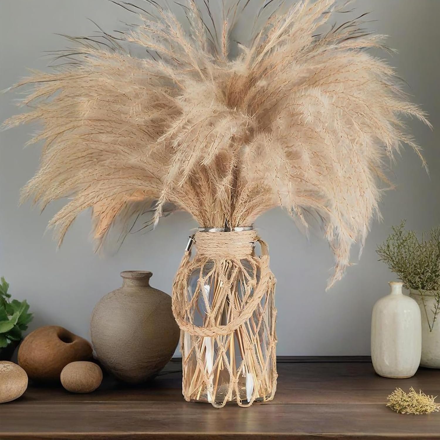 TIWPAJS Pampas Grass Vase, Boho Home Decor for Bedroom/Living Room/Coffee Table/Entryway/Office/House, Fall Farmhouse Decor, Glass Vase with Hand-Woven Hemp Rope, Room Decor Aesthetic, Modern Home
