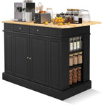 SILKYDRY Kitchen Island with Storage and Drop Leaf, Storage Cabinet with Rubber Wood Top, 2 Drawers, Adjustable Shelves, Spice Racks, Coffee Bar Table for Dining Room, Living Room (Black)