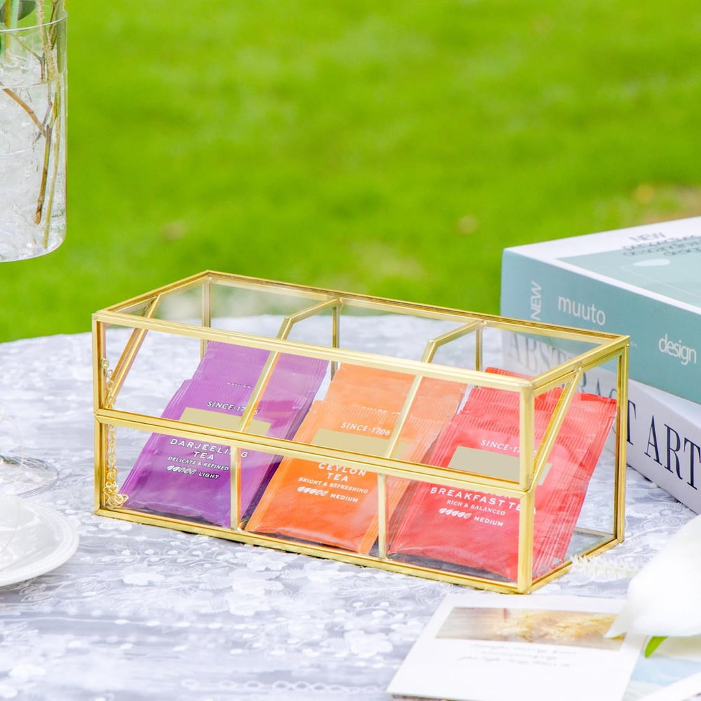 NCYP Glass Tea Bags Organizer with Lid, Small 3 Slots Teabag Storage Box, Indoor Counter Teabag Display Case, Kitchen Cabinet Gold Decor, 8.7 x 3.6 x 3.66 Inches (Glass Box Only)