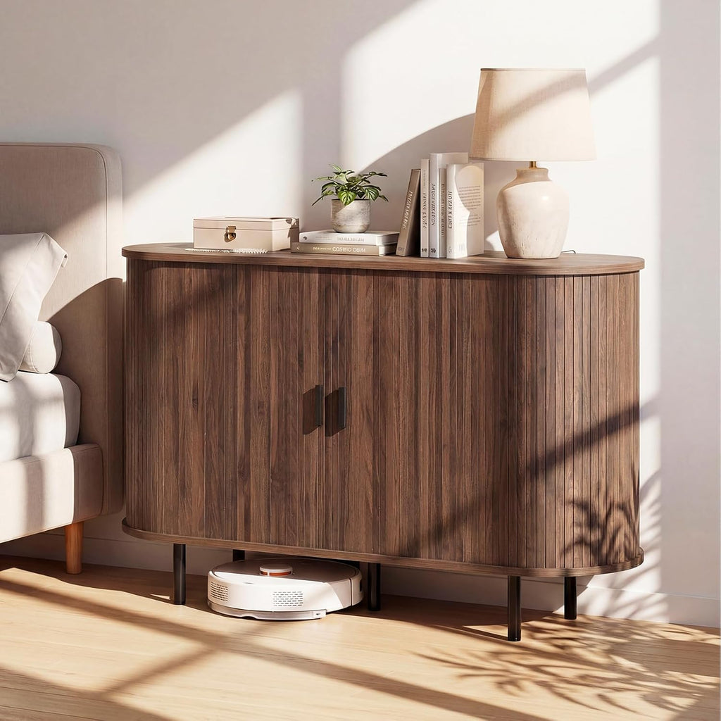 Giantex 47'' Fluted Sideboard Buffet Cabinet with Tambour Sliding Doors, Coffee Bar Console Table w/Metal Legs, Mid Century Storage Credenza Cabinet for Kitchen Dining Room Living Room (Walnut)