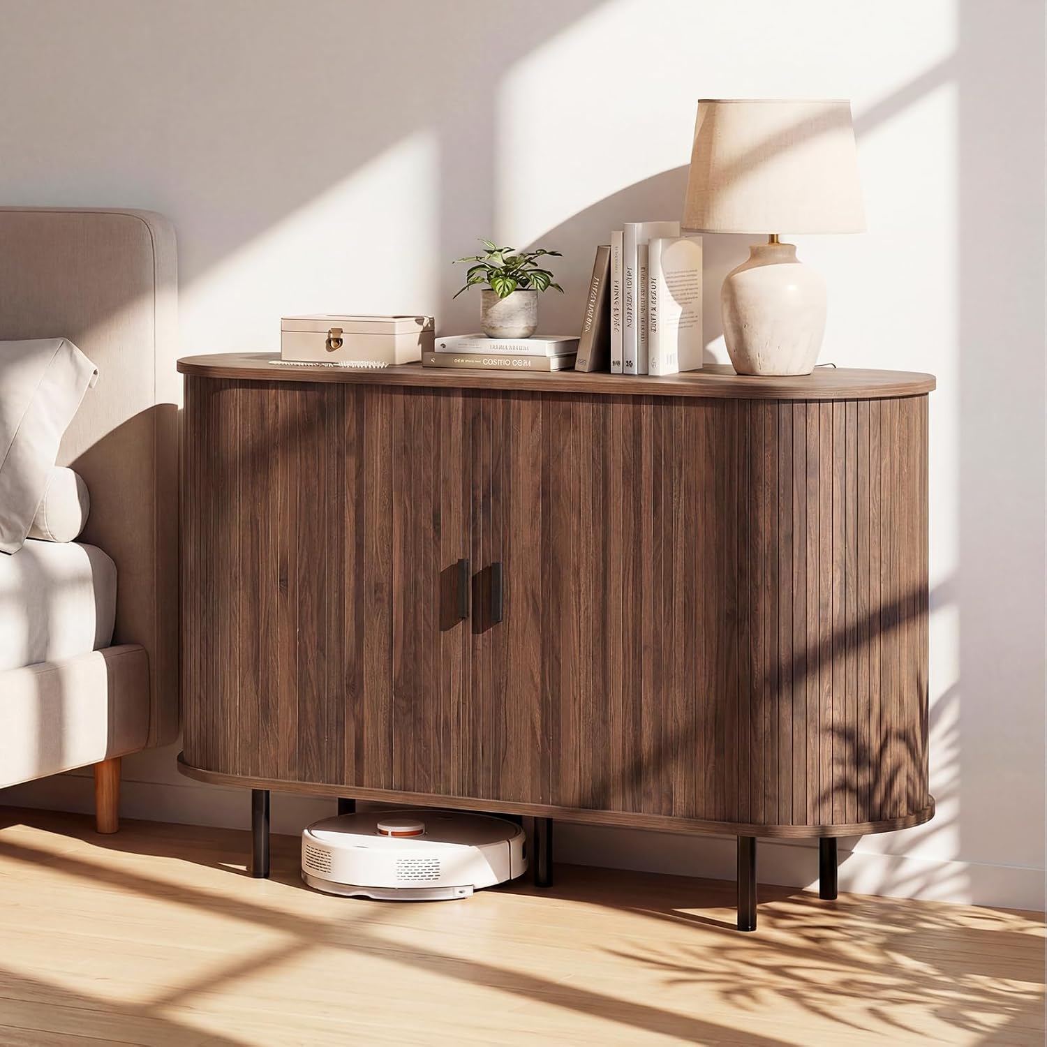 Giantex 47'' Fluted Sideboard Buffet Cabinet with Tambour Sliding Doors, Coffee Bar Console Table w/Metal Legs, Mid Century Storage Credenza Cabinet for Kitchen Dining Room Living Room (Walnut)