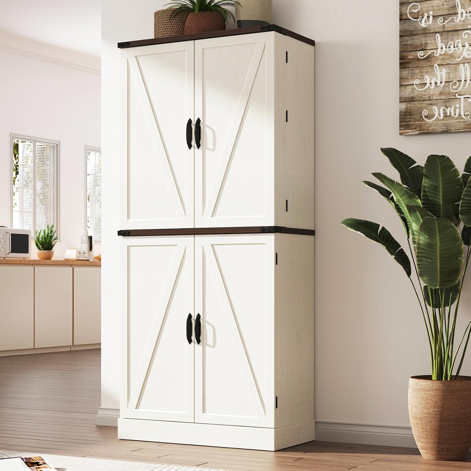 Farmhouse Kitchen Pantry Cabinet with 3 Drawers,71" Tall Rustic Wood Storage Cabinet with 6 Door Shelves,with Load-Bearing Steel Pipe,Pantry Organizers for Kitchen,Dining Room(Rustic Off White)