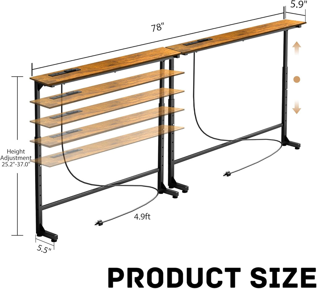 Adjustable Height Narrow Sofa Table with Built-in Power Outlets, 78" Long Console Table Behind Couch Table with Charging Station Skinny Entryway Table for Living Room & Hallway (Rustic Brown)
