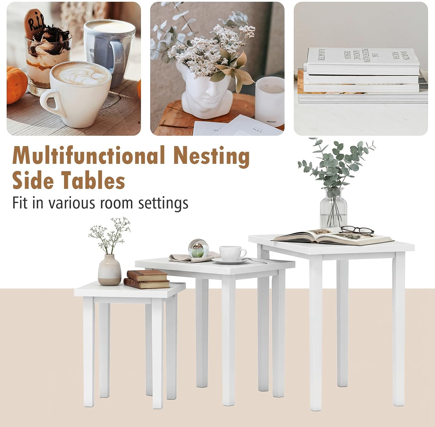 Giantex Nesting Tables Set of 3, Farmhouse Stacking Side Table with Rubber Legs, Wooden Rectangle Accent End Table, Nesting Coffee Tables for Living Room Bedroom (White)
